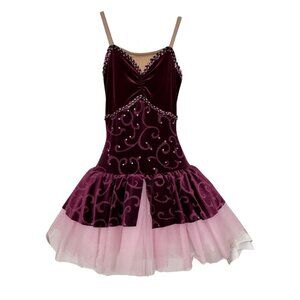 Ballet Dance Dress Costume‎ Girls 6/8 Yrs Burgundy Velvet Rhinestone Swirls Tutu